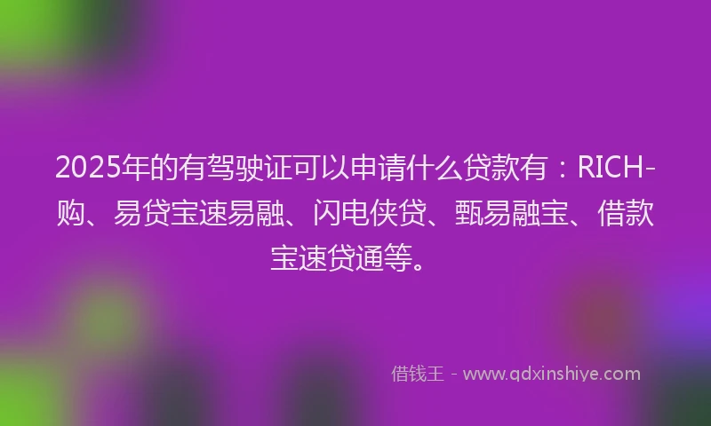 2025年的有驾驶证可以申请什么贷款有：RICH-购、易贷宝速易融、闪电侠贷、甄易融宝、借款宝速贷通等。