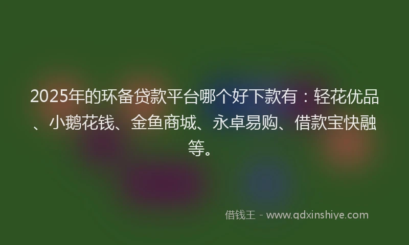2025年的环备贷款平台哪个好下款有：轻花优品、小鹅花钱、金鱼商城、永卓易购、借款宝快融等。