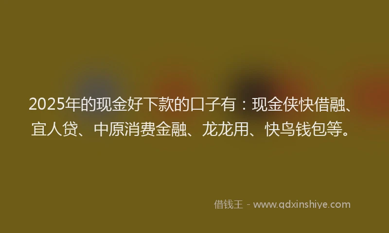 2025年的现金好下款的口子有：现金侠快借融、宜人贷、中原消费金融、龙龙用、快鸟钱包等。