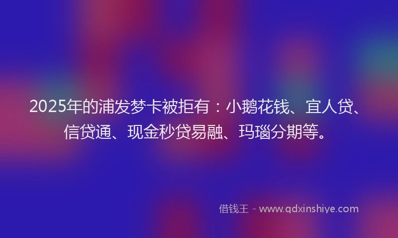 2025年的浦发梦卡被拒有：小鹅花钱、宜人贷、信贷通、现金秒贷易融、玛瑙分期等。