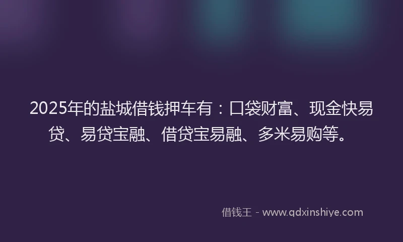 2025年的盐城借钱押车有：口袋财富、现金快易贷、易贷宝融、借贷宝易融、多米易购等。
