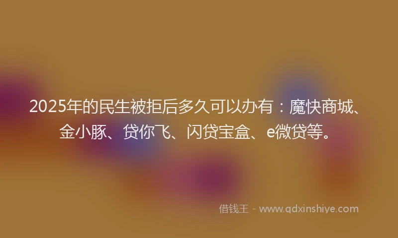 2025年的民生被拒后多久可以办有：魔快商城、金小豚、贷你飞、闪贷宝盒、e微贷等。