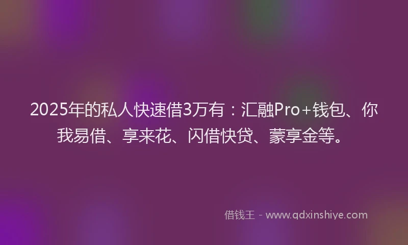 2025年的私人快速借3万有：汇融Pro+钱包、你我易借、享来花、闪借快贷、蒙享金等。