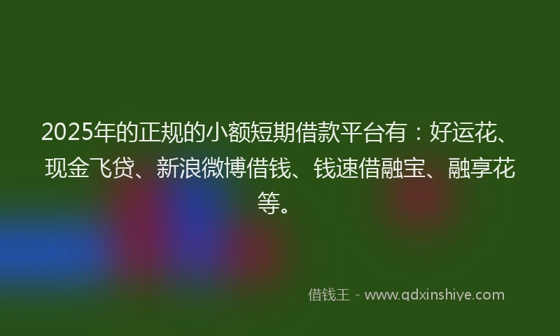 2025年的正规的小额短期借款平台有：好运花、现金飞贷、新浪微博借钱、钱速借融宝、融享花等。
