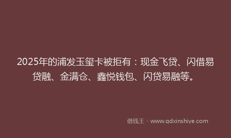 2025年的浦发玉玺卡被拒有：现金飞贷、闪借易贷融、金满仓、鑫悦钱包、闪贷易融等。
