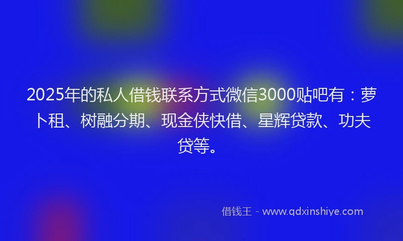 2025年的私人借钱联系方式微信3000贴吧有：萝卜租、树融分期、现金侠快借、星辉贷款、功夫贷等。