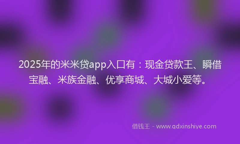 2025年的米米贷app入口有：现金贷款王、瞬借宝融、米族金融、优享商城、大城小爱等。