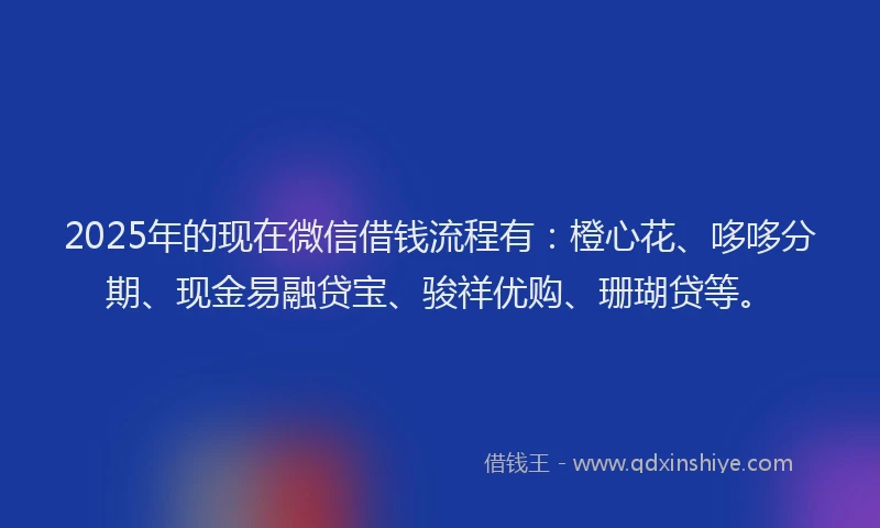 2025年的现在微信借钱流程有：橙心花、哆哆分期、现金易融贷宝、骏祥优购、珊瑚贷等。