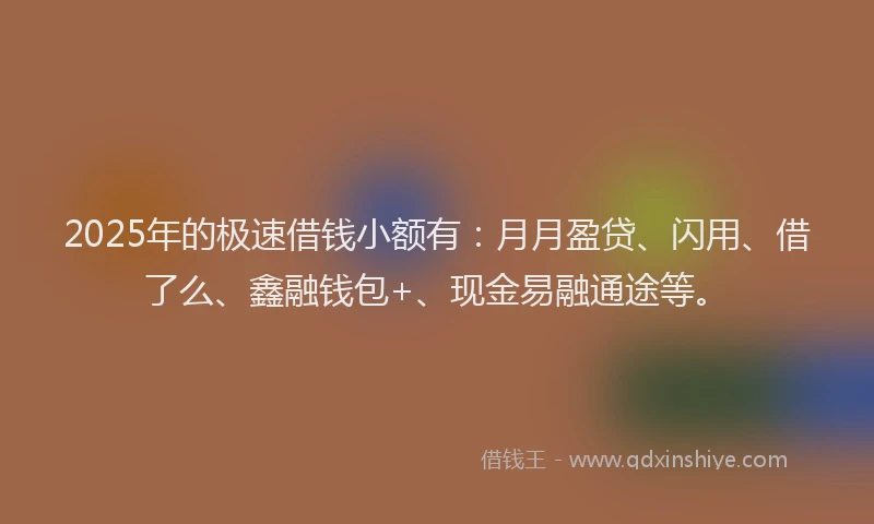 2025年的极速借钱小额有：月月盈贷、闪用、借了么、鑫融钱包+、现金易融通途等。