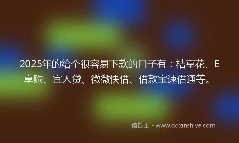 2025年的给个很容易下款的口子有：桔享花、E享购、宜人贷、微微快借、借款宝速借通等。
