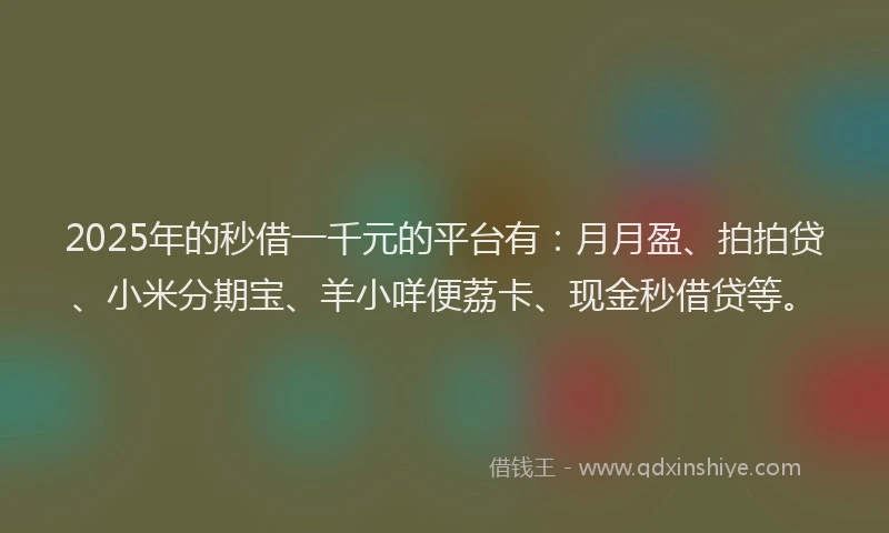 2025年的秒借一千元的平台有：月月盈、拍拍贷、小米分期宝、羊小咩便荔卡、现金秒借贷等。
