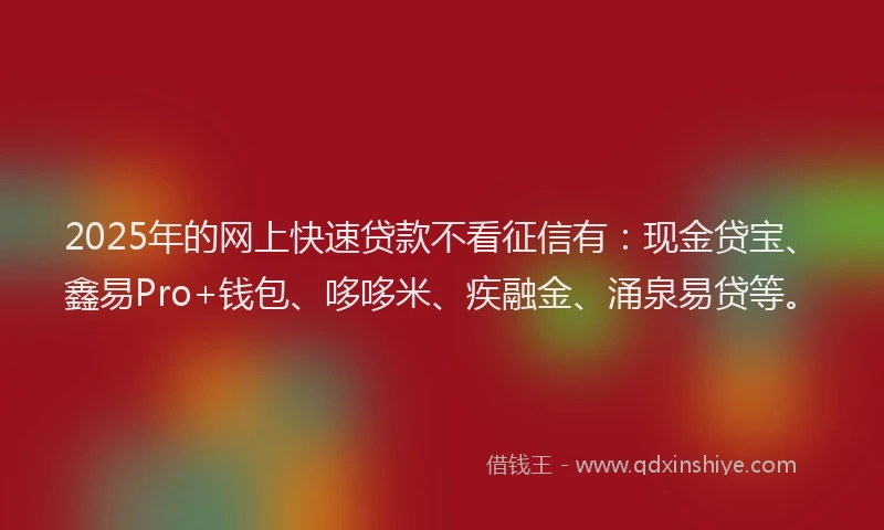 2025年的网上快速贷款不看征信有：现金贷宝、鑫易Pro+钱包、哆哆米、疾融金、涌泉易贷等。