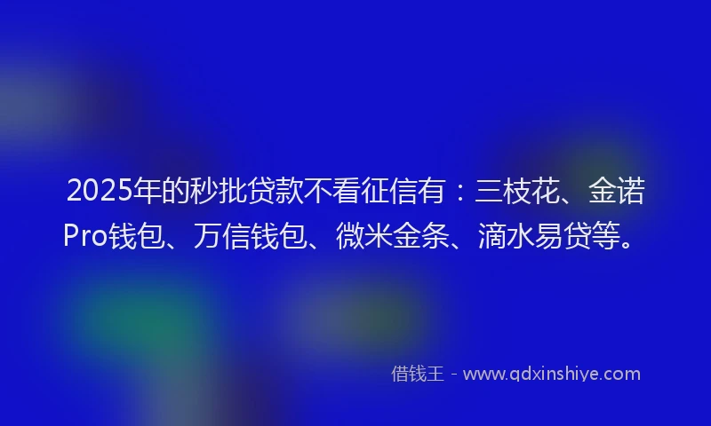 2025年的秒批贷款不看征信有：三枝花、金诺Pro钱包、万信钱包、微米金条、滴水易贷等。