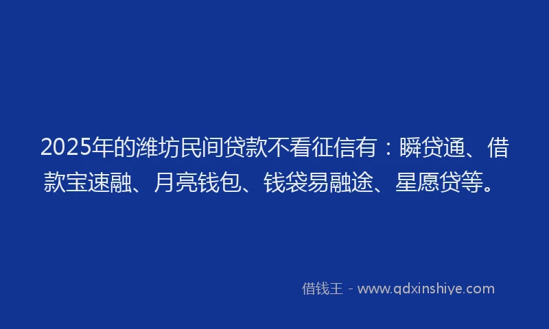 2025年的潍坊民间贷款不看征信有：瞬贷通、借款宝速融、月亮钱包、钱袋易融途、星愿贷等。