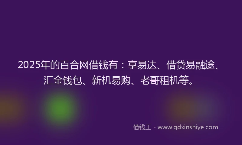 2025年的百合网借钱有：享易达、借贷易融途、汇金钱包、新机易购、老哥租机等。