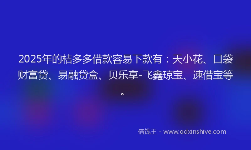 2025年的桔多多借款容易下款有：天小花、口袋财富贷、易融贷盒、贝乐享-飞鑫琼宝、速借宝等。