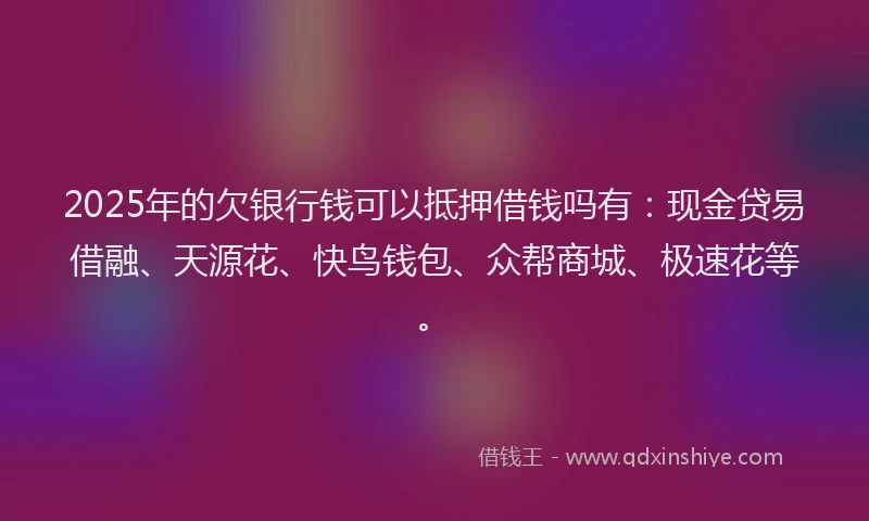 2025年的欠银行钱可以抵押借钱吗有：现金贷易借融、天源花、快鸟钱包、众帮商城、极速花等。