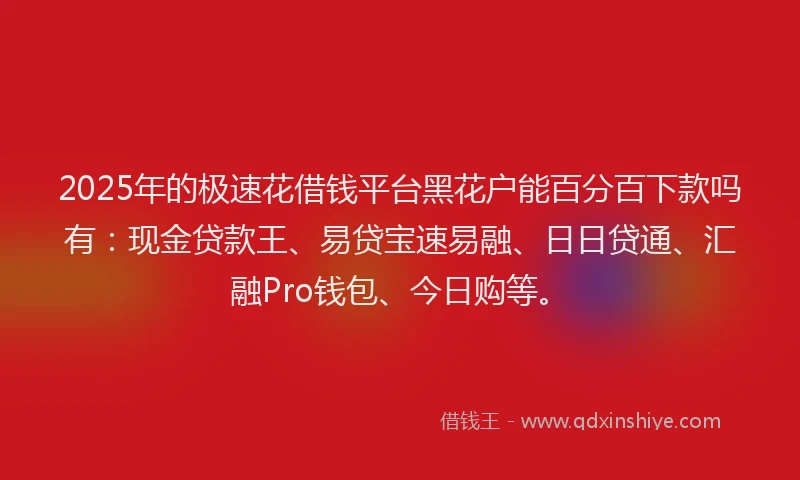 2025年的极速花借钱平台黑花户能百分百下款吗有：现金贷款王、易贷宝速易融、日日贷通、汇融Pro钱包、今日购等。