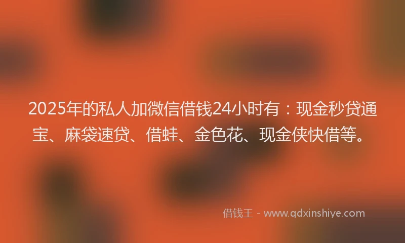2025年的私人加微信借钱24小时有：现金秒贷通宝、麻袋速贷、借蛙、金色花、现金侠快借等。