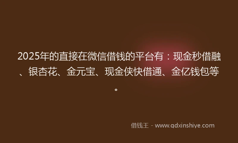 2025年的直接在微信借钱的平台有：现金秒借融、银杏花、金元宝、现金侠快借通、金亿钱包等。