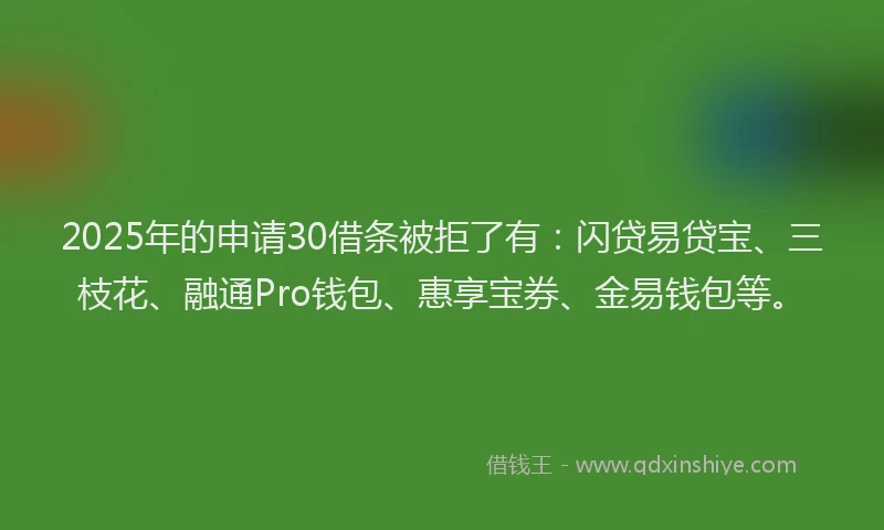 2025年的申请30借条被拒了有：闪贷易贷宝、三枝花、融通Pro钱包、惠享宝券、金易钱包等。