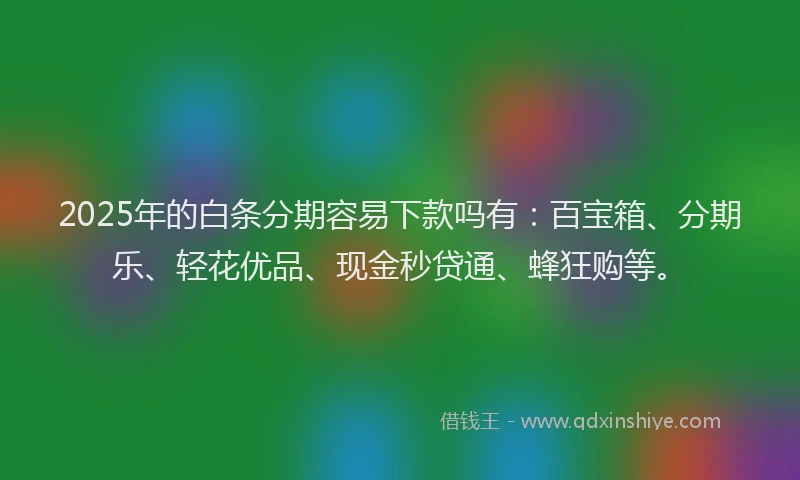 2025年的白条分期容易下款吗有：百宝箱、分期乐、轻花优品、现金秒贷通、蜂狂购等。
