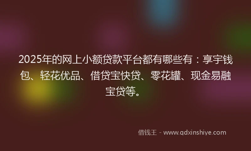 2025年的网上小额贷款平台都有哪些有：享宇钱包、轻花优品、借贷宝快贷、零花罐、现金易融宝贷等。
