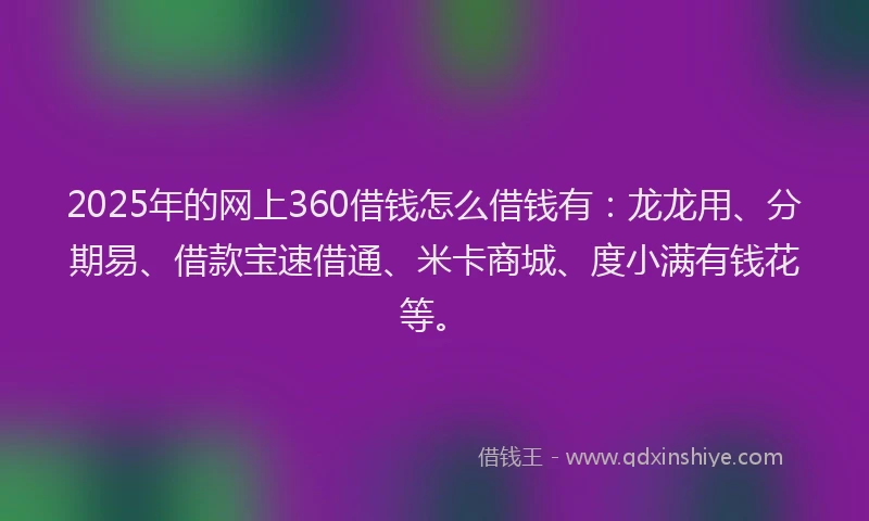 2025年的网上360借钱怎么借钱有：龙龙用、分期易、借款宝速借通、米卡商城、度小满有钱花等。