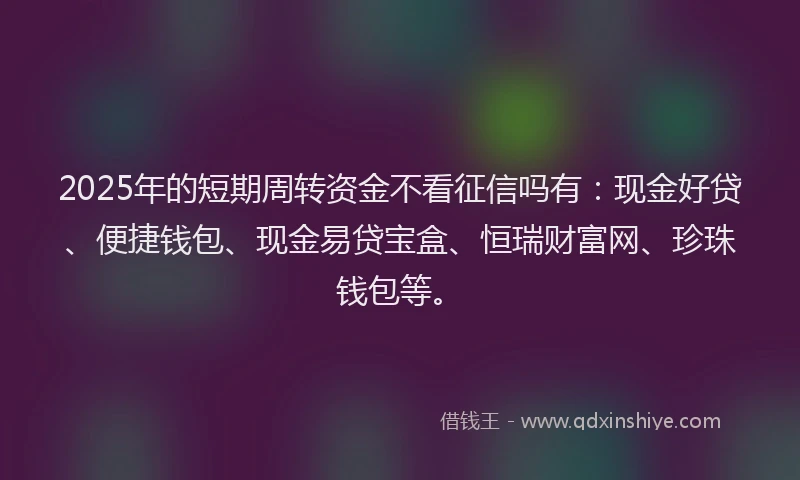 2025年的短期周转资金不看征信吗有：现金好贷、便捷钱包、现金易贷宝盒、恒瑞财富网、珍珠钱包等。