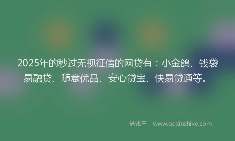 2025年的秒过无视征信的网贷有：小金鸽、钱袋易融贷、随意优品、安心贷宝、快易贷通等。