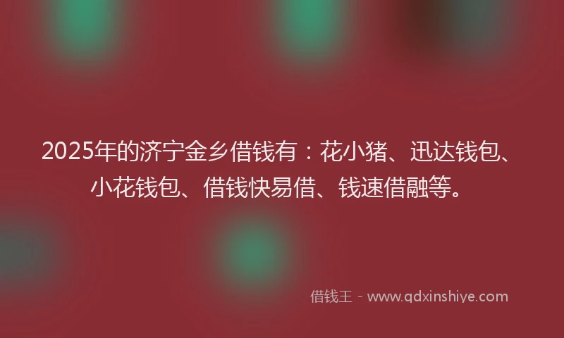 2025年的济宁金乡借钱有：花小猪、迅达钱包、小花钱包、借钱快易借、钱速借融等。