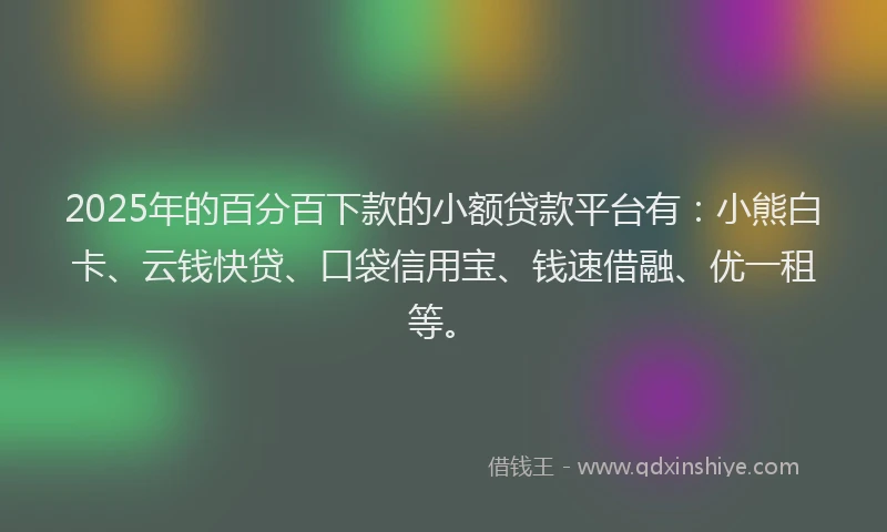 2025年的百分百下款的小额贷款平台有：小熊白卡、云钱快贷、口袋信用宝、钱速借融、优一租等。