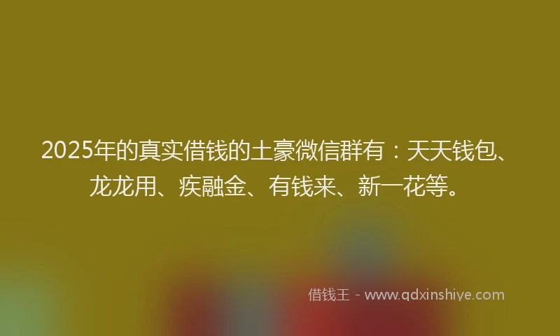 2025年的真实借钱的土豪微信群有：天天钱包、龙龙用、疾融金、有钱来、新一花等。