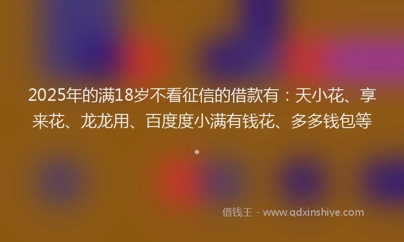 2025年的满18岁不看征信的借款有：天小花、享来花、龙龙用、百度度小满有钱花、多多钱包等。
