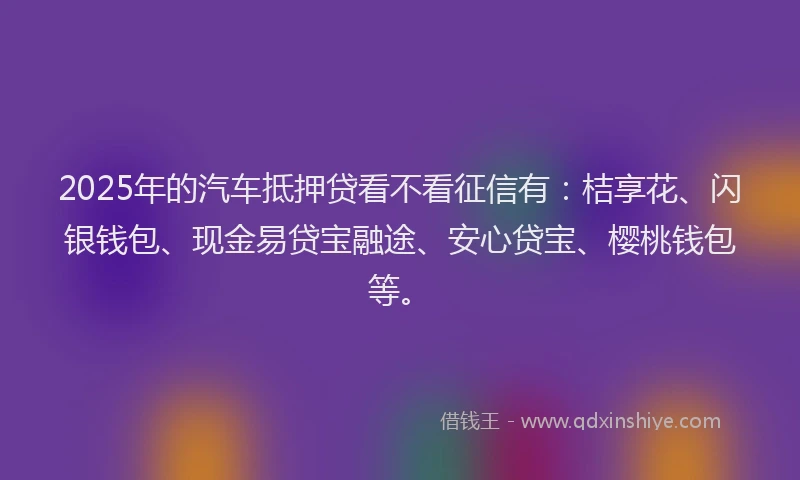 2025年的汽车抵押贷看不看征信有：桔享花、闪银钱包、现金易贷宝融途、安心贷宝、樱桃钱包等。