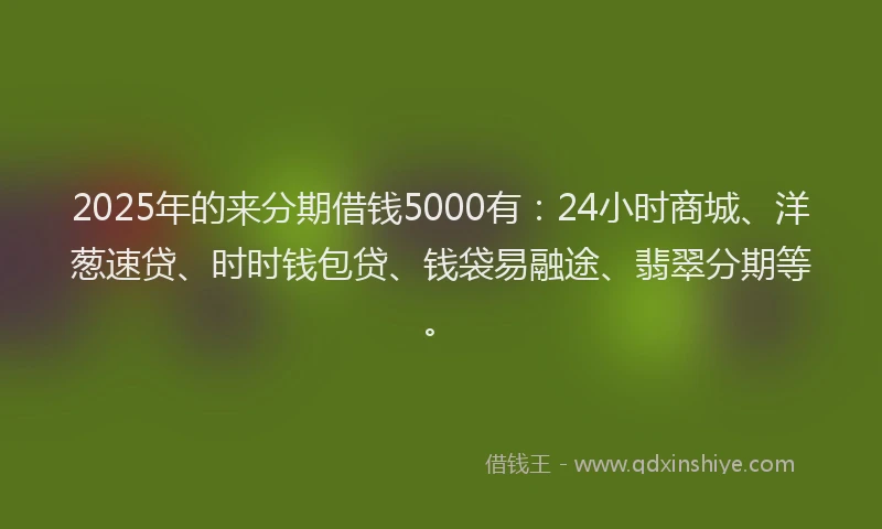 2025年的来分期借钱5000有：24小时商城、洋葱速贷、时时钱包贷、钱袋易融途、翡翠分期等。