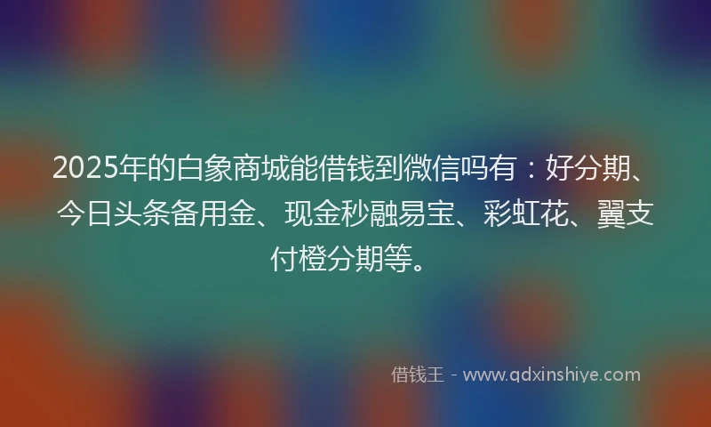 2025年的白象商城能借钱到微信吗有：好分期、今日头条备用金、现金秒融易宝、彩虹花、翼支付橙分期等。