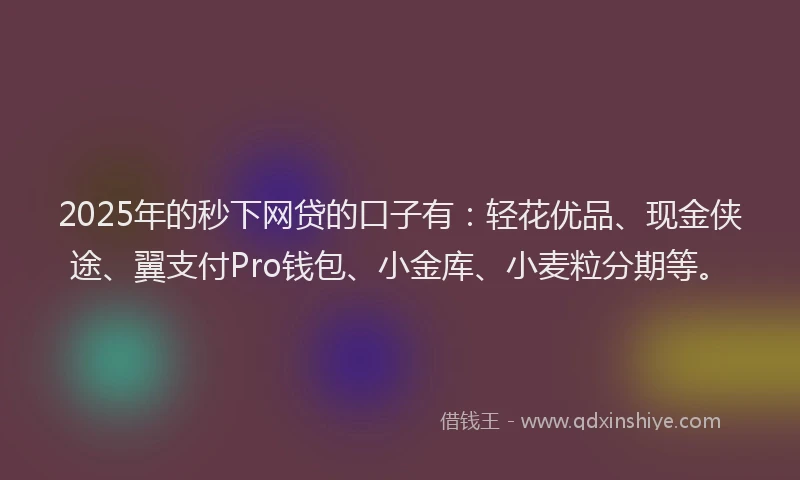 2025年的秒下网贷的口子有：轻花优品、现金侠途、翼支付Pro钱包、小金库、小麦粒分期等。