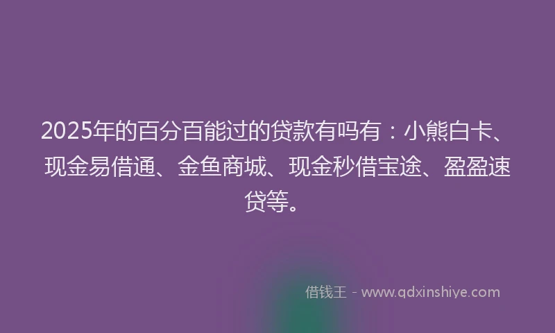 2025年的百分百能过的贷款有吗有：小熊白卡、现金易借通、金鱼商城、现金秒借宝途、盈盈速贷等。