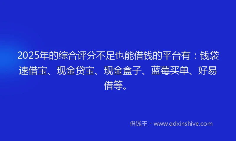 2025年的综合评分不足也能借钱的平台有：钱袋速借宝、现金贷宝、现金盒子、蓝莓买单、好易借等。