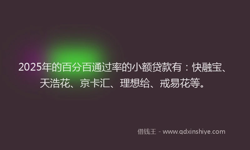 2025年的百分百通过率的小额贷款有：快融宝、天浩花、京卡汇、理想给、戒易花等。