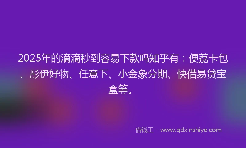 2025年的滴滴秒到容易下款吗知乎有：便荔卡包、彤伊好物、任意下、小金象分期、快借易贷宝盒等。