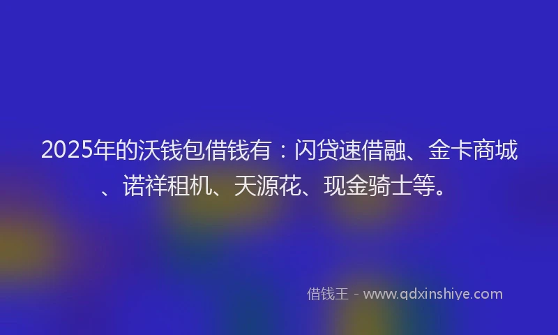 2025年的沃钱包借钱有：闪贷速借融、金卡商城、诺祥租机、天源花、现金骑士等。