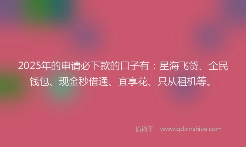 2025年的申请必下款的口子有：星海飞贷、全民钱包、现金秒借通、宜享花、只从租机等。