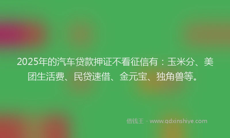2025年的汽车贷款押证不看征信有：玉米分、美团生活费、民贷速借、金元宝、独角兽等。