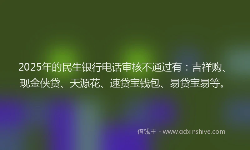 2025年的民生银行电话审核不通过有：吉祥购、现金侠贷、天源花、速贷宝钱包、易贷宝易等。