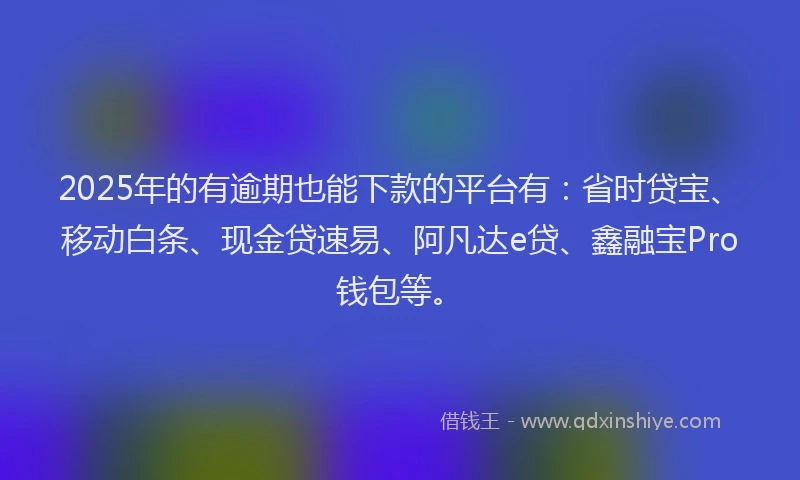 2025年的有逾期也能下款的平台有：省时贷宝、移动白条、现金贷速易、阿凡达e贷、鑫融宝Pro钱包等。