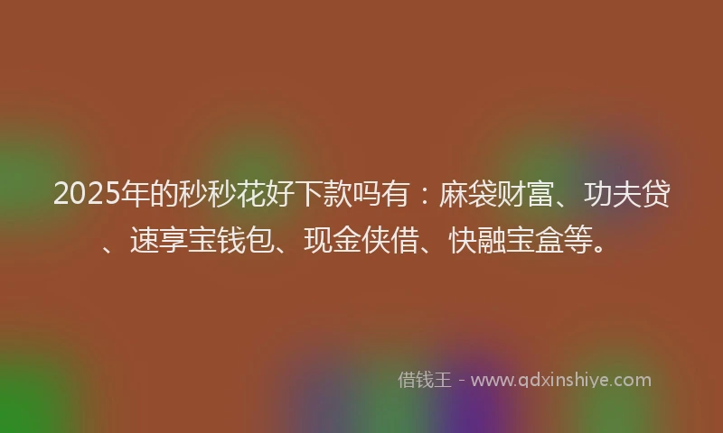 2025年的秒秒花好下款吗有：麻袋财富、功夫贷、速享宝钱包、现金侠借、快融宝盒等。