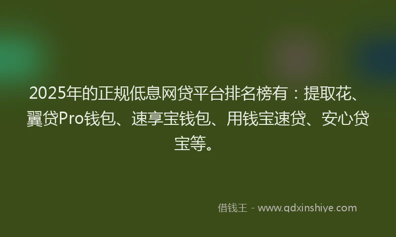 2025年的正规低息网贷平台排名榜有：提取花、翼贷Pro钱包、速享宝钱包、用钱宝速贷、安心贷宝等。