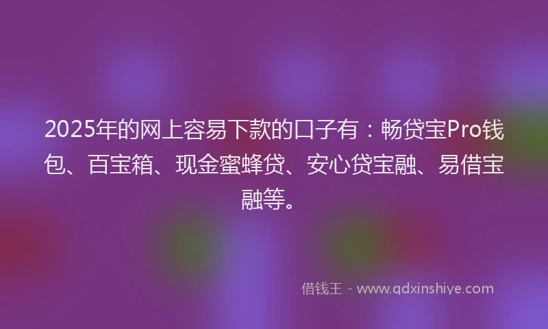 2025年的网上容易下款的口子有：畅贷宝Pro钱包、百宝箱、现金蜜蜂贷、安心贷宝融、易借宝融等。